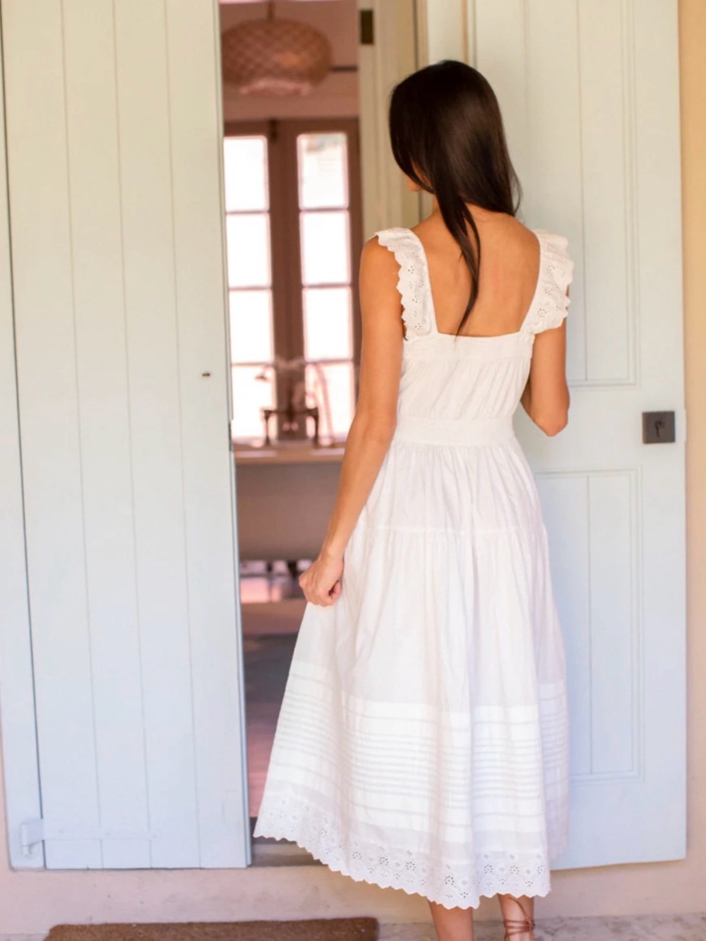 Frieda Dress White Eyelet Midi Sundress with Square Neckline - Picture 2 of 8
